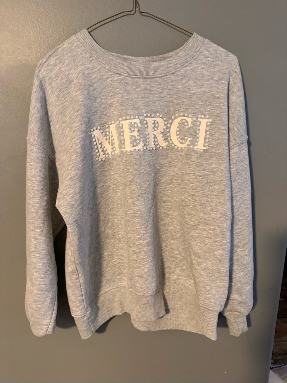 Pearl-Accent 'Merci' Crewneck Sweater - Light Gray
